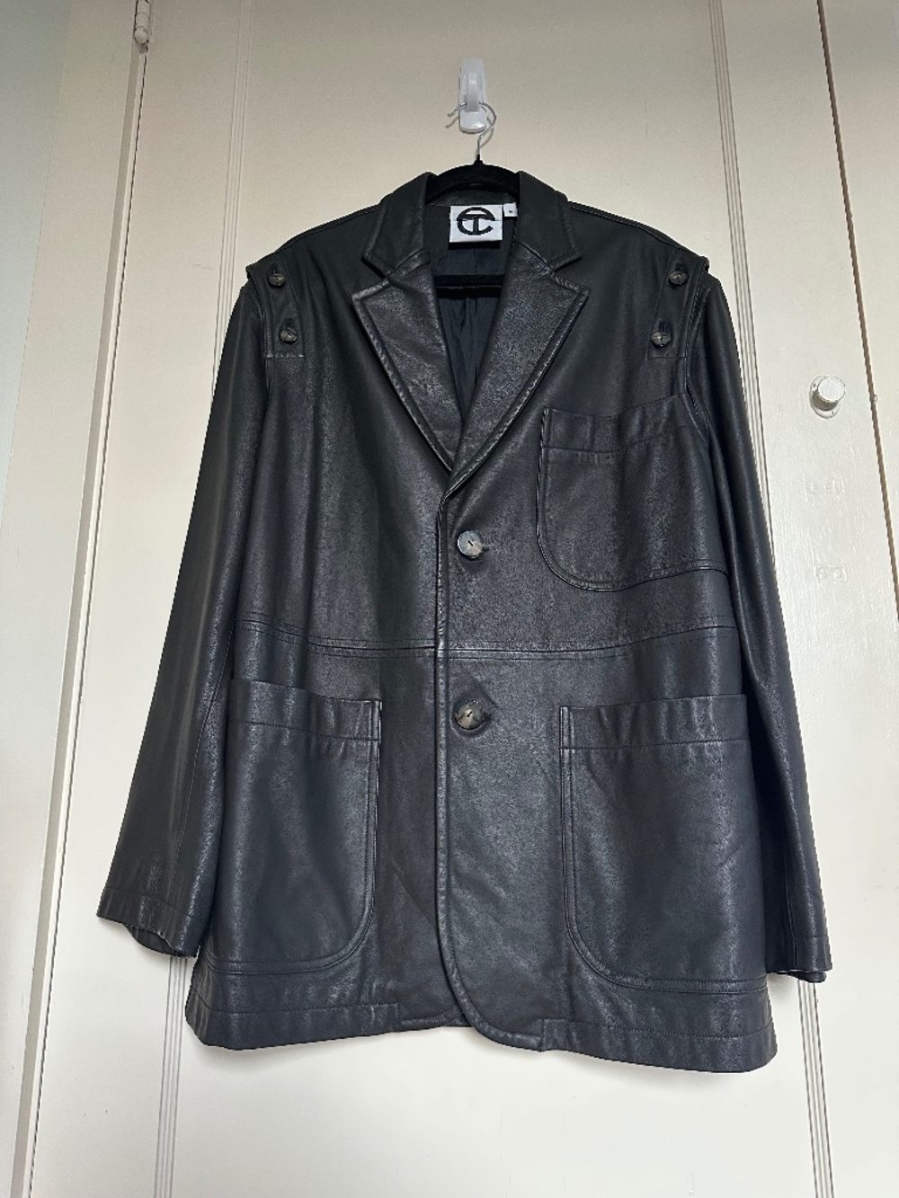 Telfar Black Leather Blazer Vest Oversized Patch Pocket